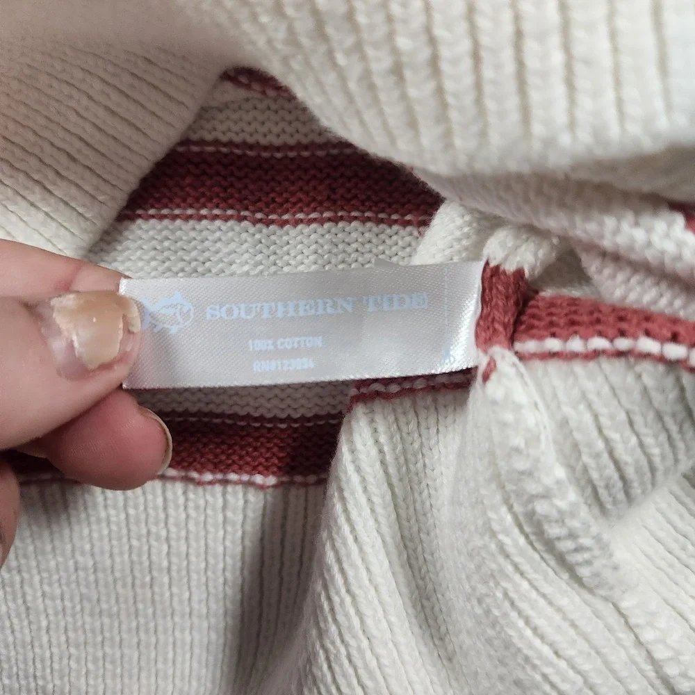 Southern Tide Women's Maize 1/4 Zip White‎ Coral Stripe Sweater Size Small